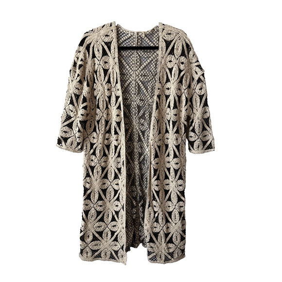 Whimsigoth Boho Women’s M Crochet Open Elbow Sleeve Open Handknit Cardigan - Picture 1 of 5